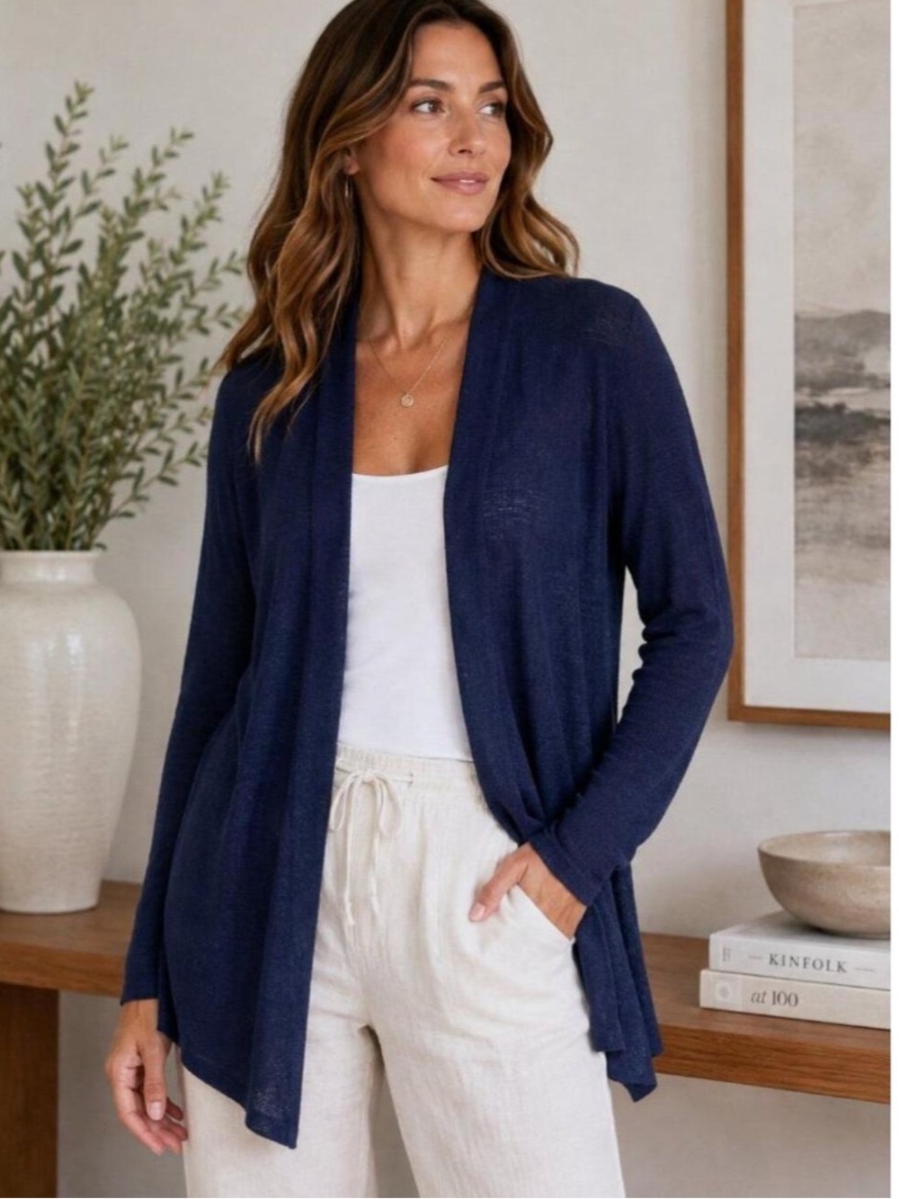 Eileen Fisher Navy Blue Open Front Cardigan Sweater Size Small